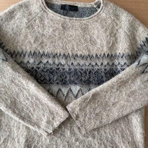Zara Crewneck Sweater in Beige with Gray Fair Isle Pattern